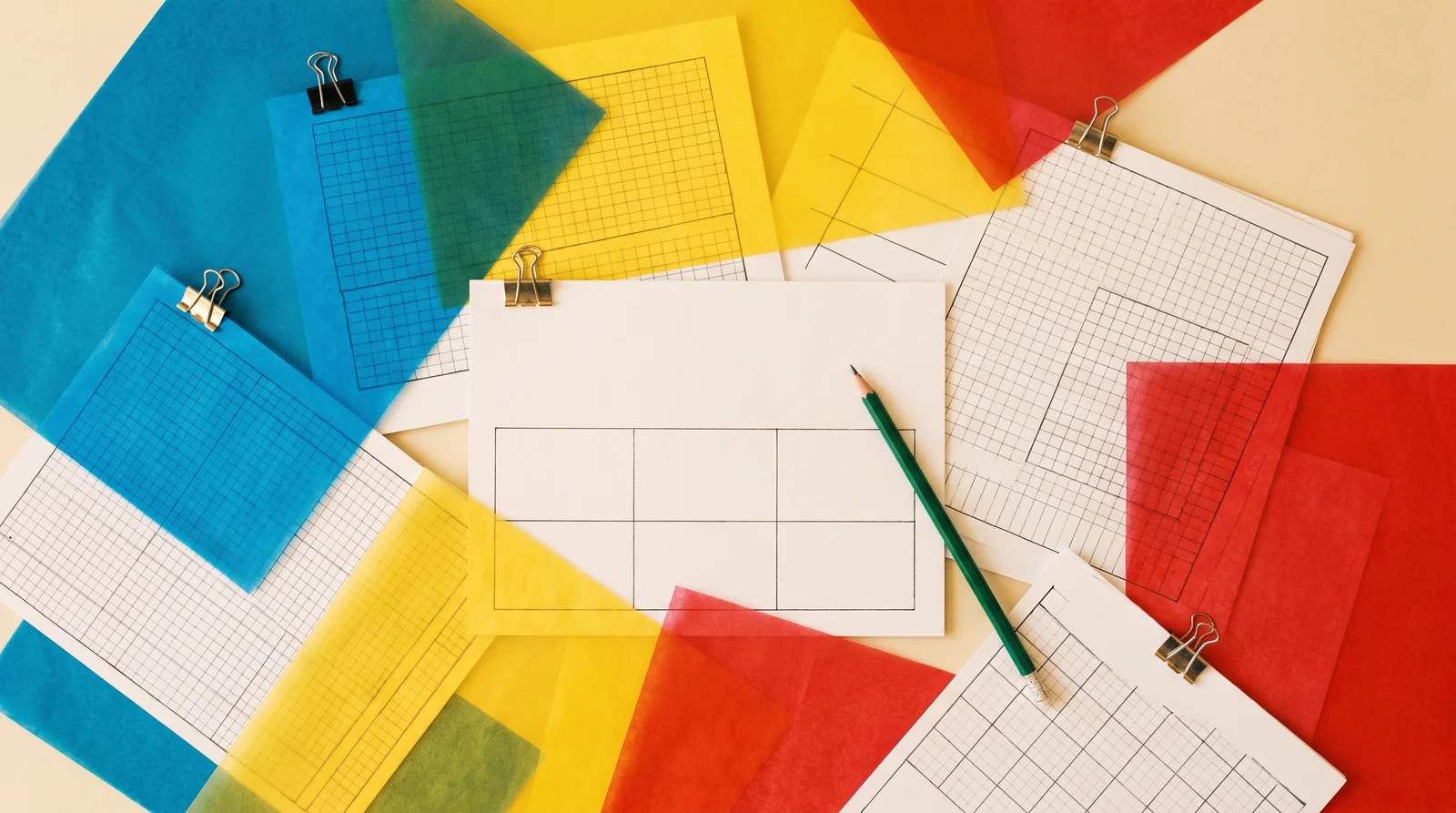 Colorful research materials and grid paper